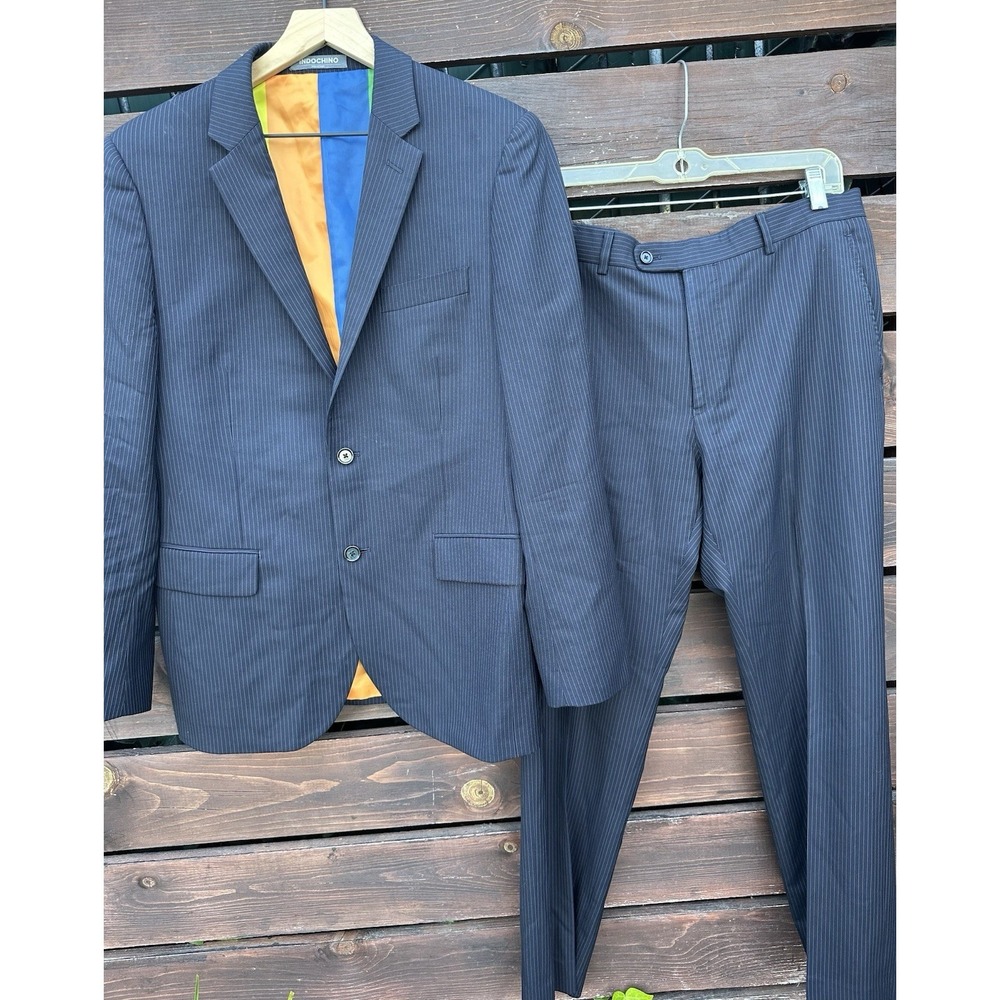 Indochino Men's 100% Wool Blue Pin Strip Suit Custom Size 46 Pants 34